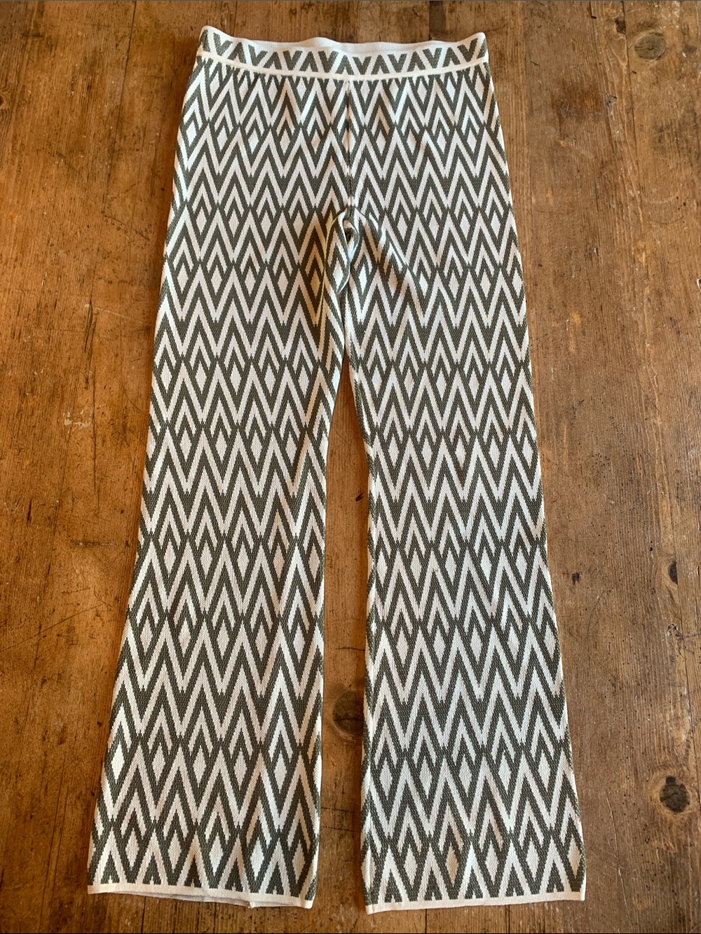 Christian Lacroix Geometric Knit Wide-Leg Pants in Ivory and Olive